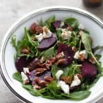 roasted beetroot salad with arugula, feta cheese, toasted pecans with maple balsalmic vinaigrette