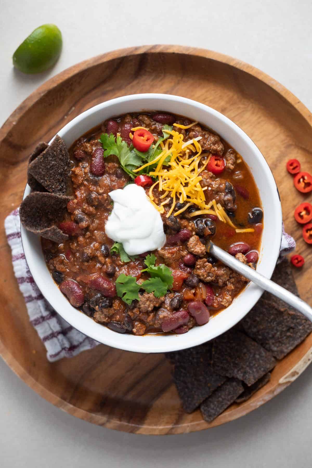 Halal ground beef chili batch cooked for five complete dinner or lunch portions