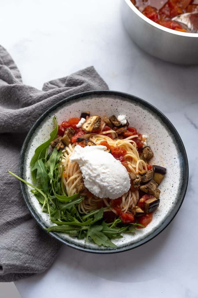 Super easy spicy eggplant pasta with ricotta cheese