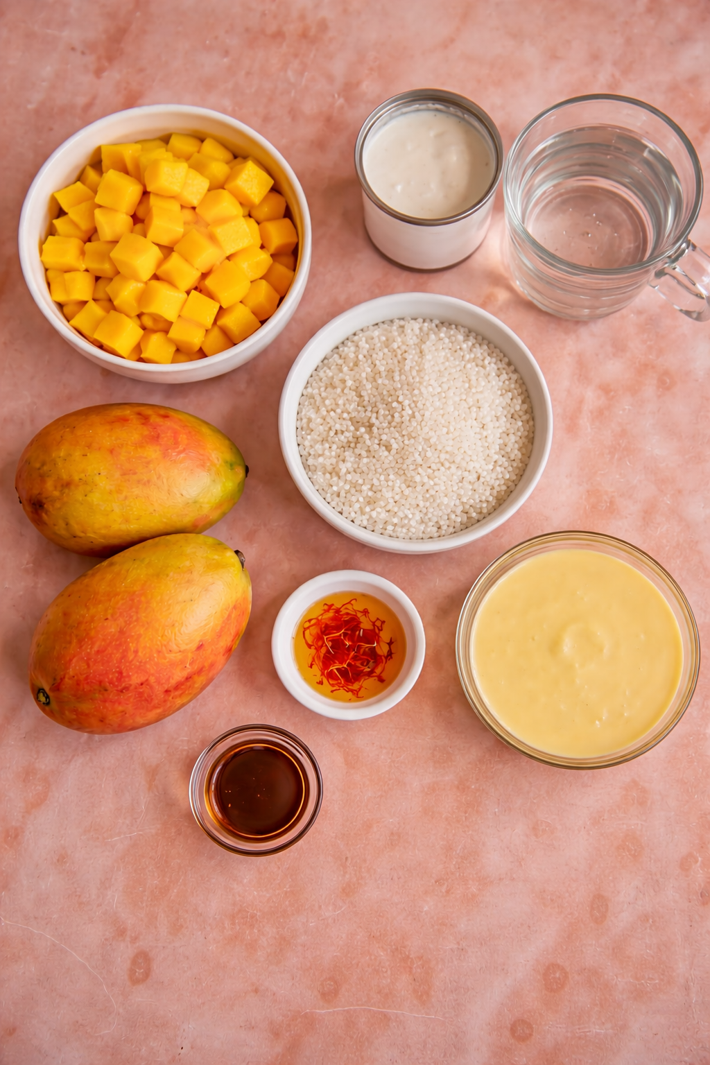 ingredients you need to make mango sago on a pink marble background.