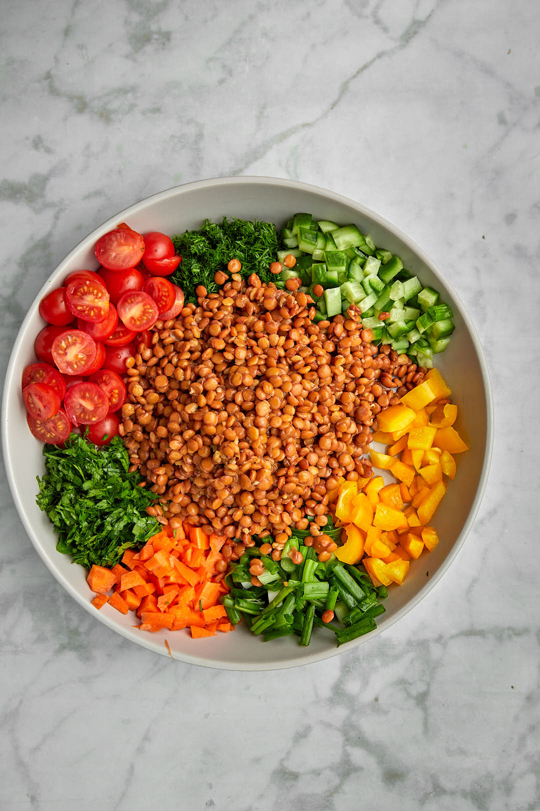 All lentil salad ingredients added to a display bowl.