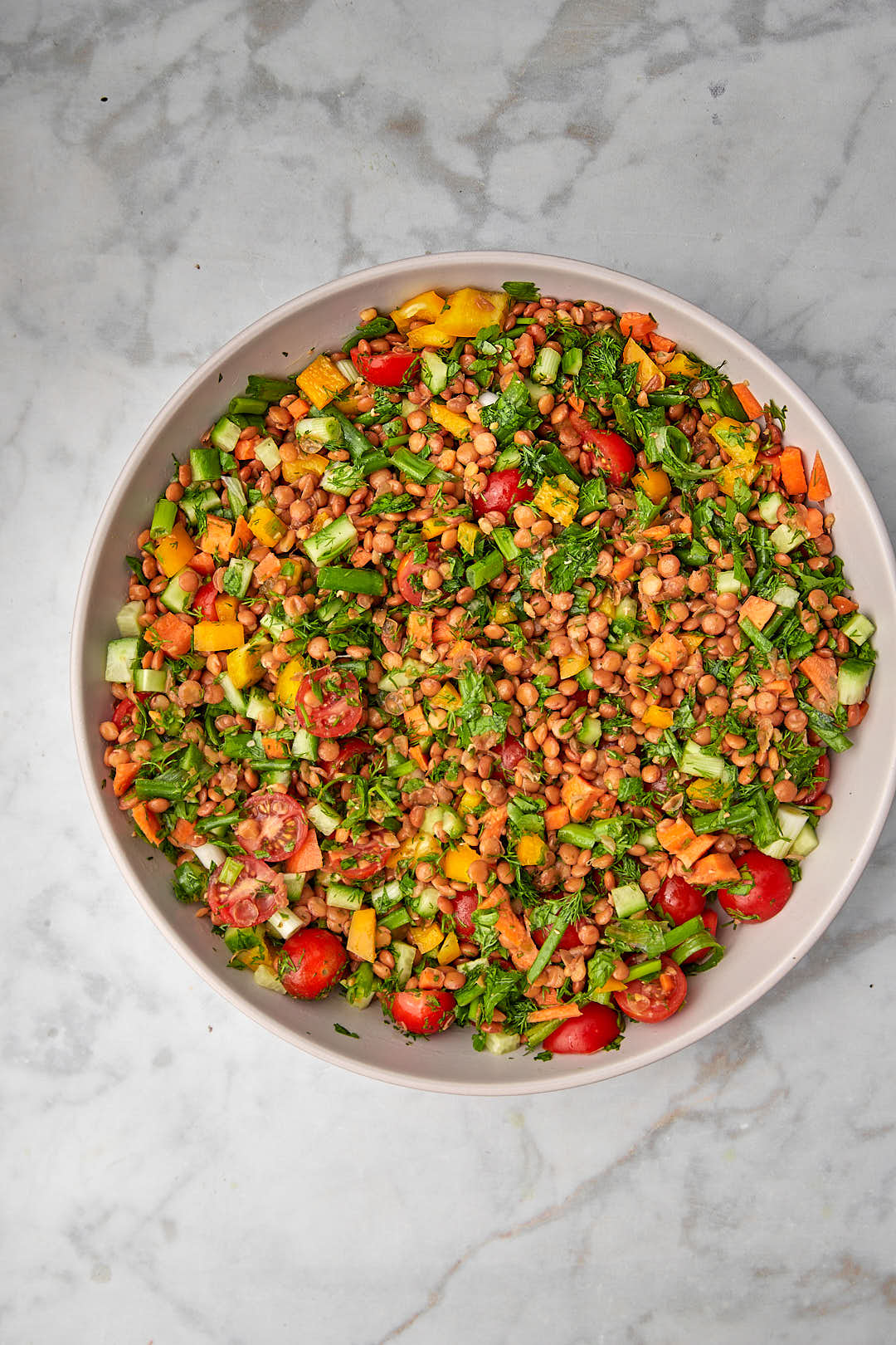 Lentil salad ingredients mixed together in serving dish.