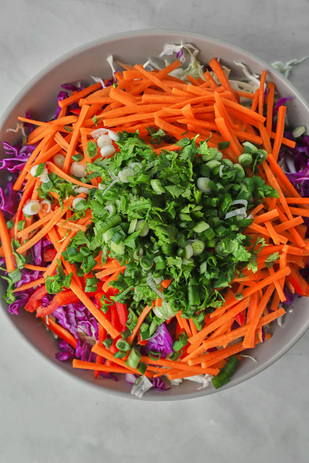 shredded cabbage, carrots, and green onions in a salad bowl.