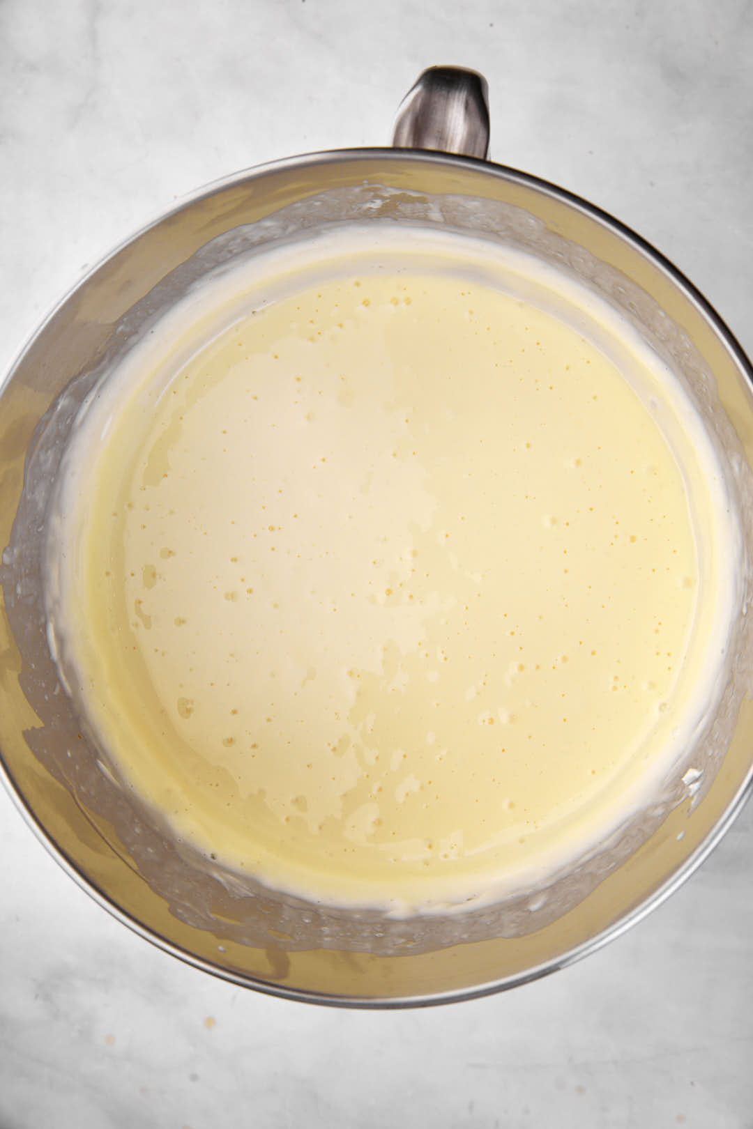 cheesecake batter in stand mixer bowl.
