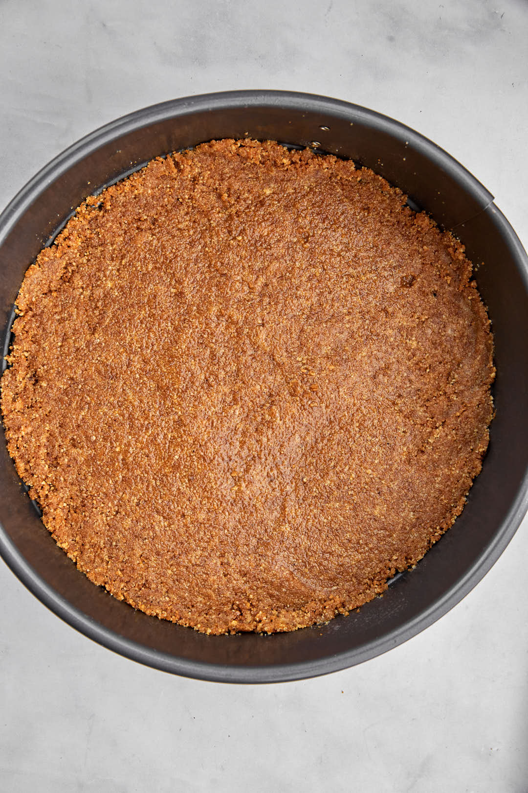 cheesecake crumb crust pressed into springform pan.