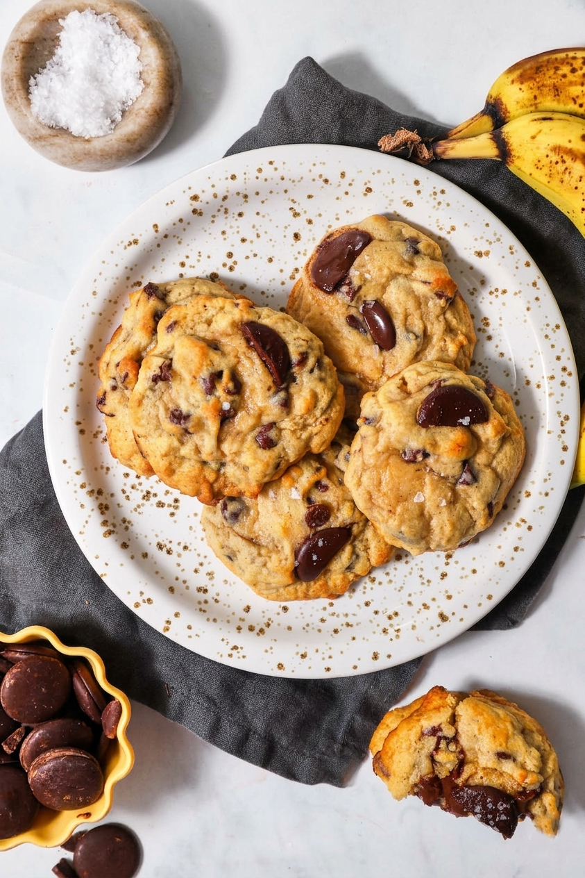 a plate of chocolate chip banana bread cooies on a dark kitchen linen, with a banana, chocolate chips and a small pinch bowl of flaky sea salt in the background.