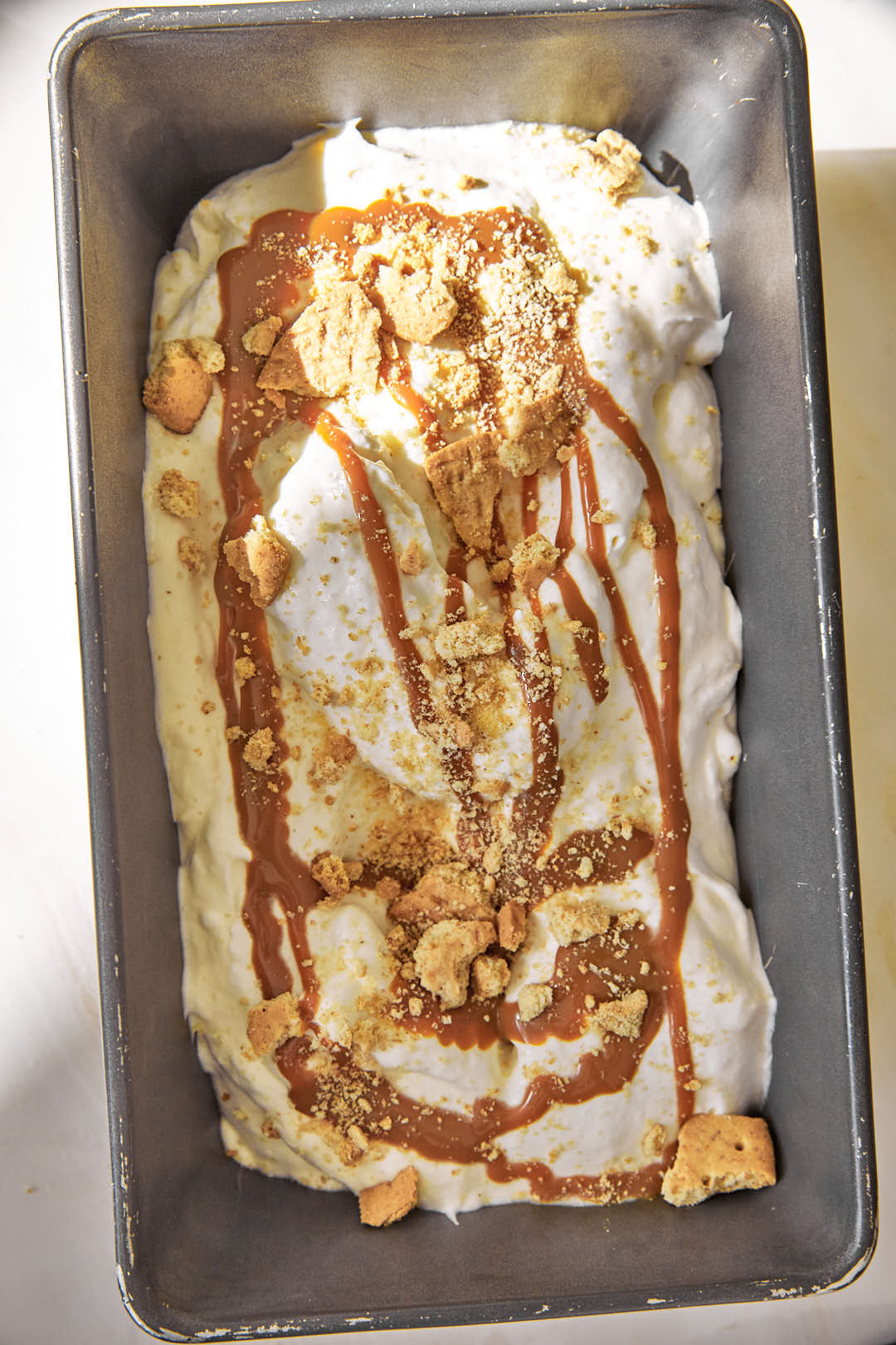 banoffee ice cream in a loaf pan.