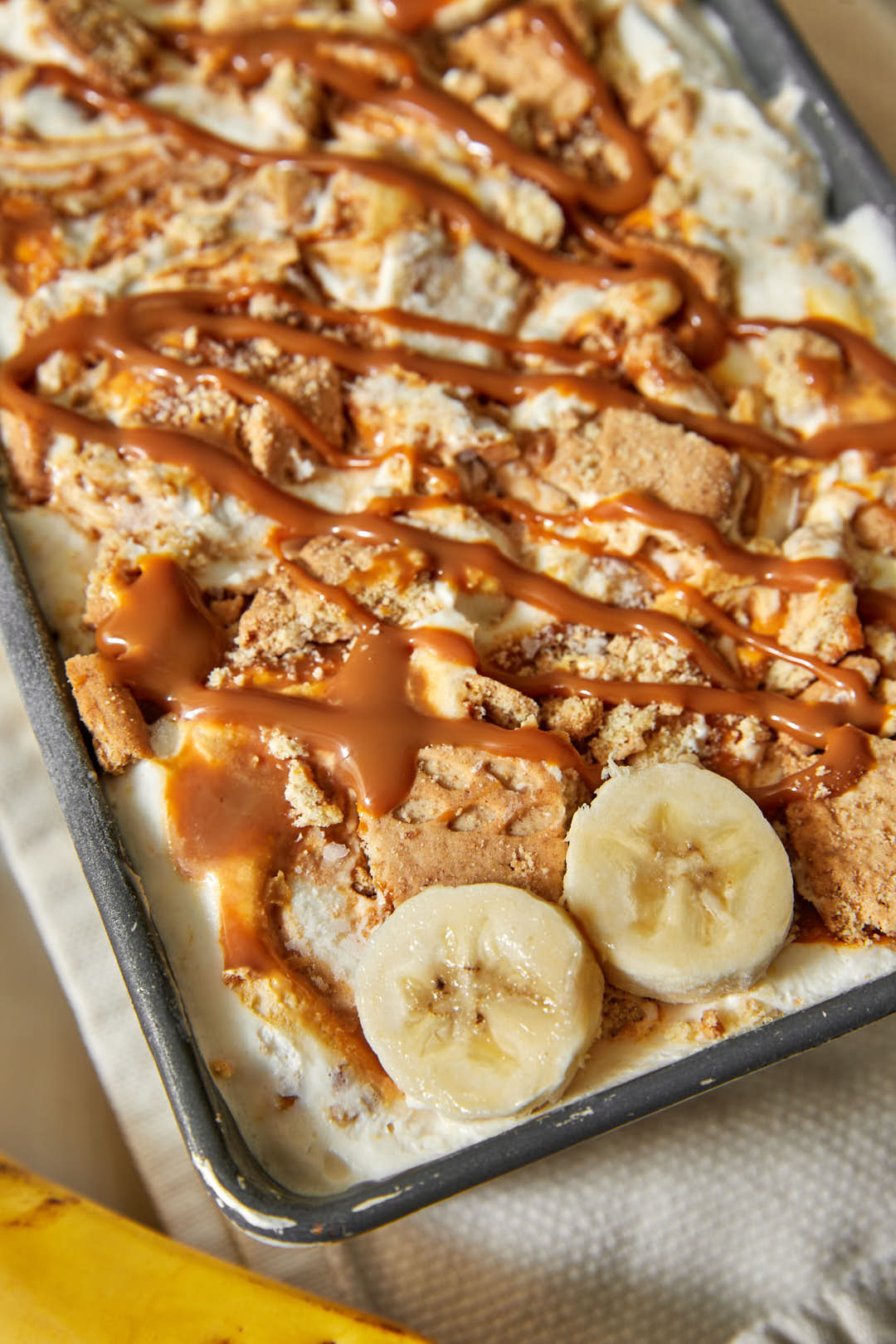 a loaf pan of banoffee ice cream.