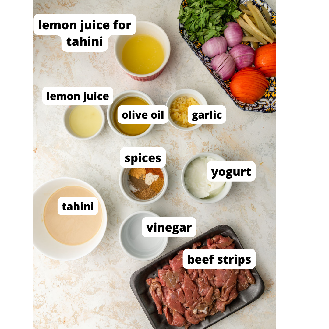 ingredients needed to make homemade beef shawarma on a white background.