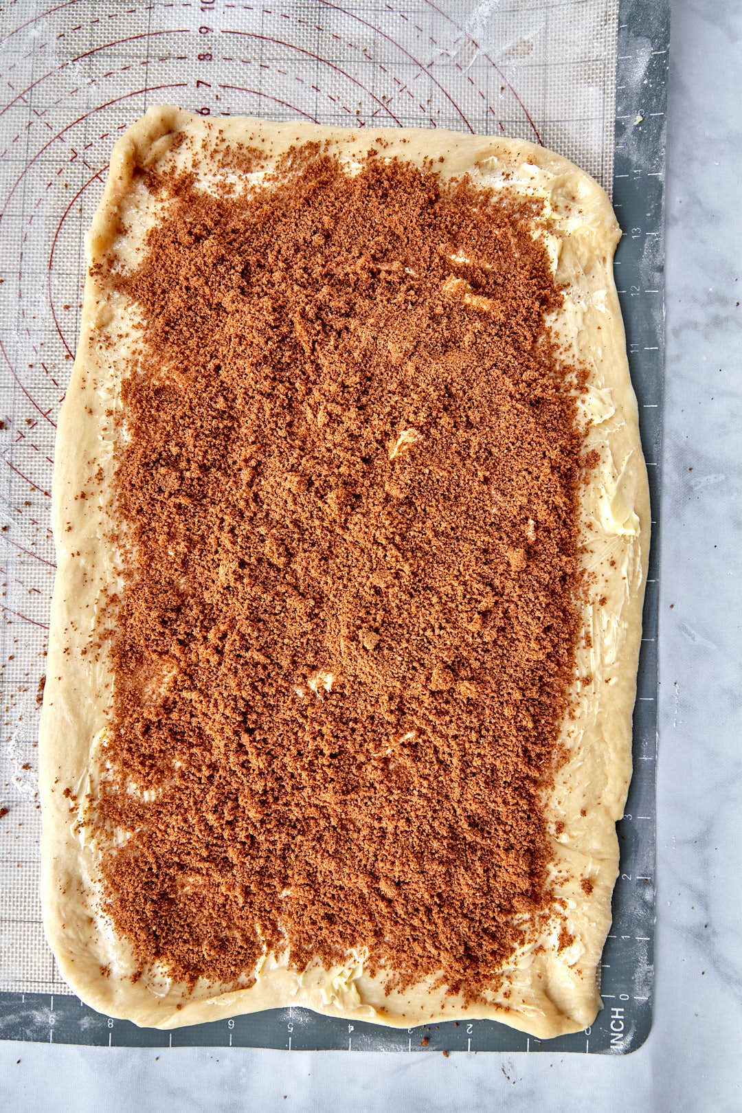 brown sugar and cinnamon sprinkled over a rectangle of dough.