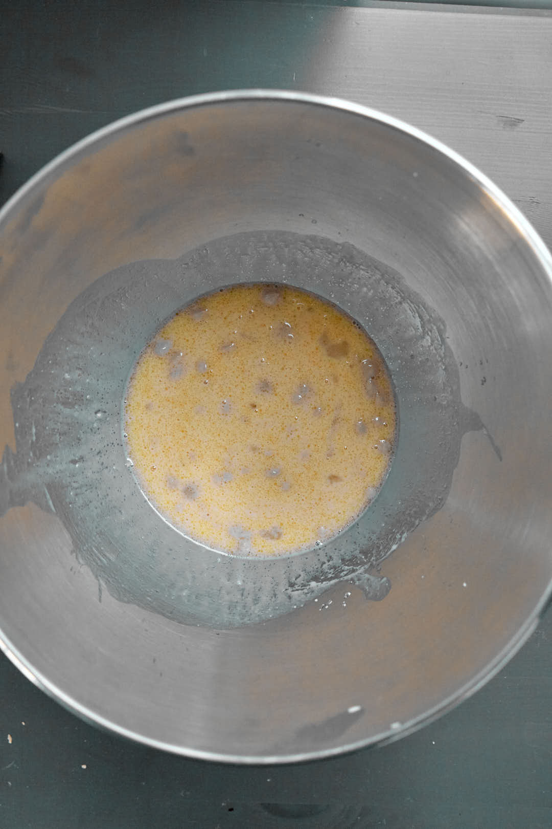 milk, eggs and butter mixed until combined.