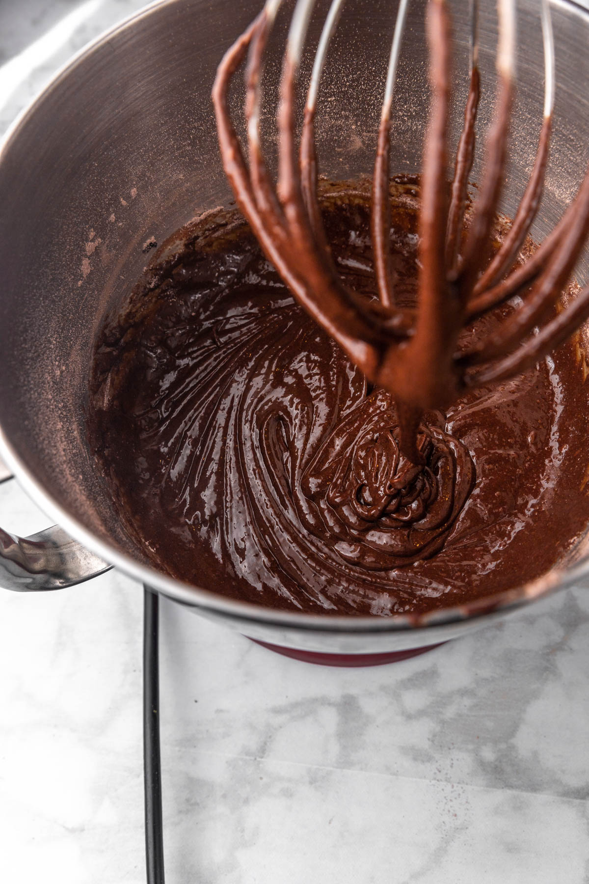 brownie cookie batter in stand mixer.