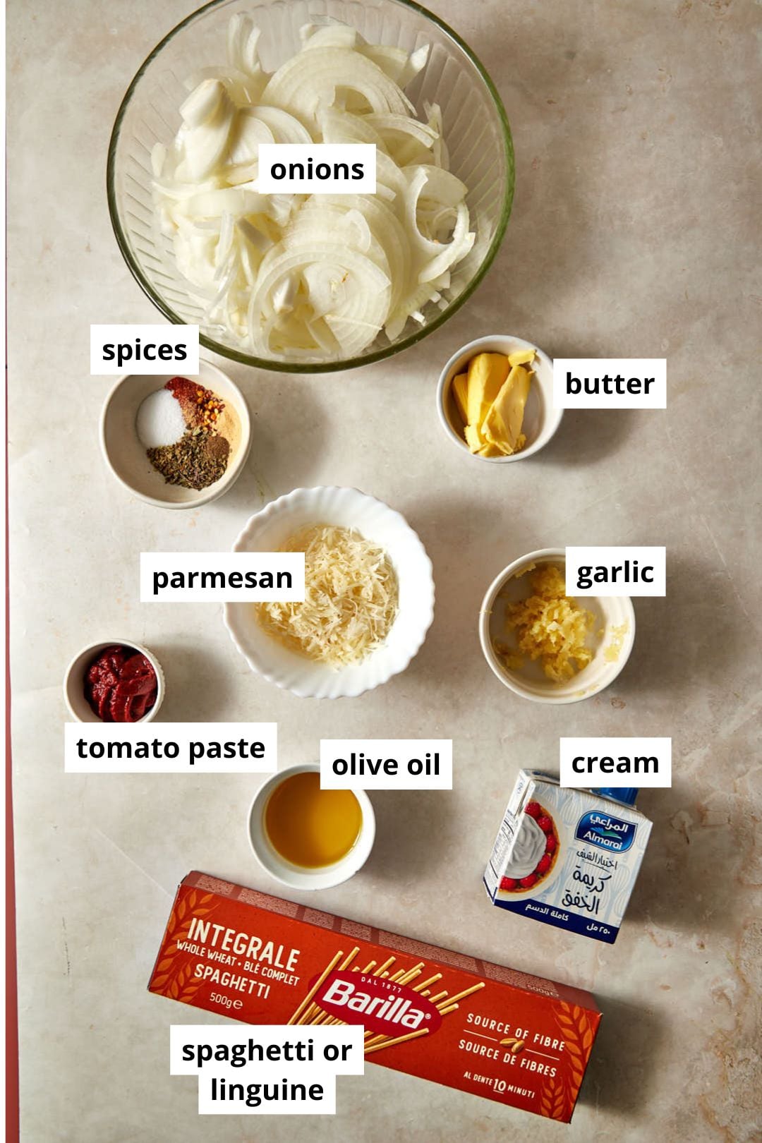 ingredients needed for caramelized onion pasta.