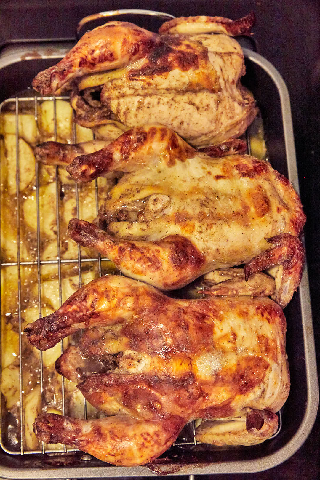 whole chickens on a roasting pan on a wire rack over potatoes with golden brown skin.