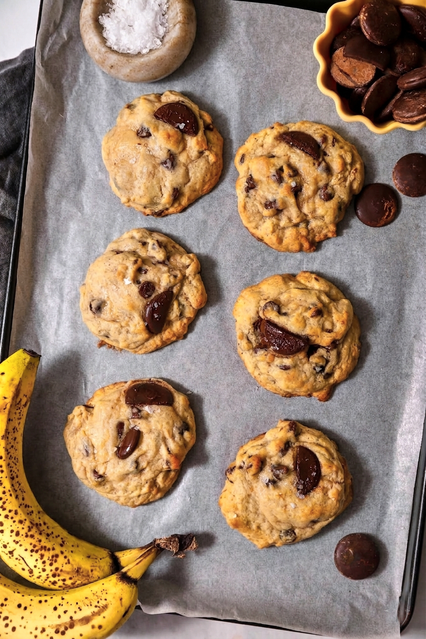 chocolate chip banana bread cookies on parchment paper on a baking sheet.
