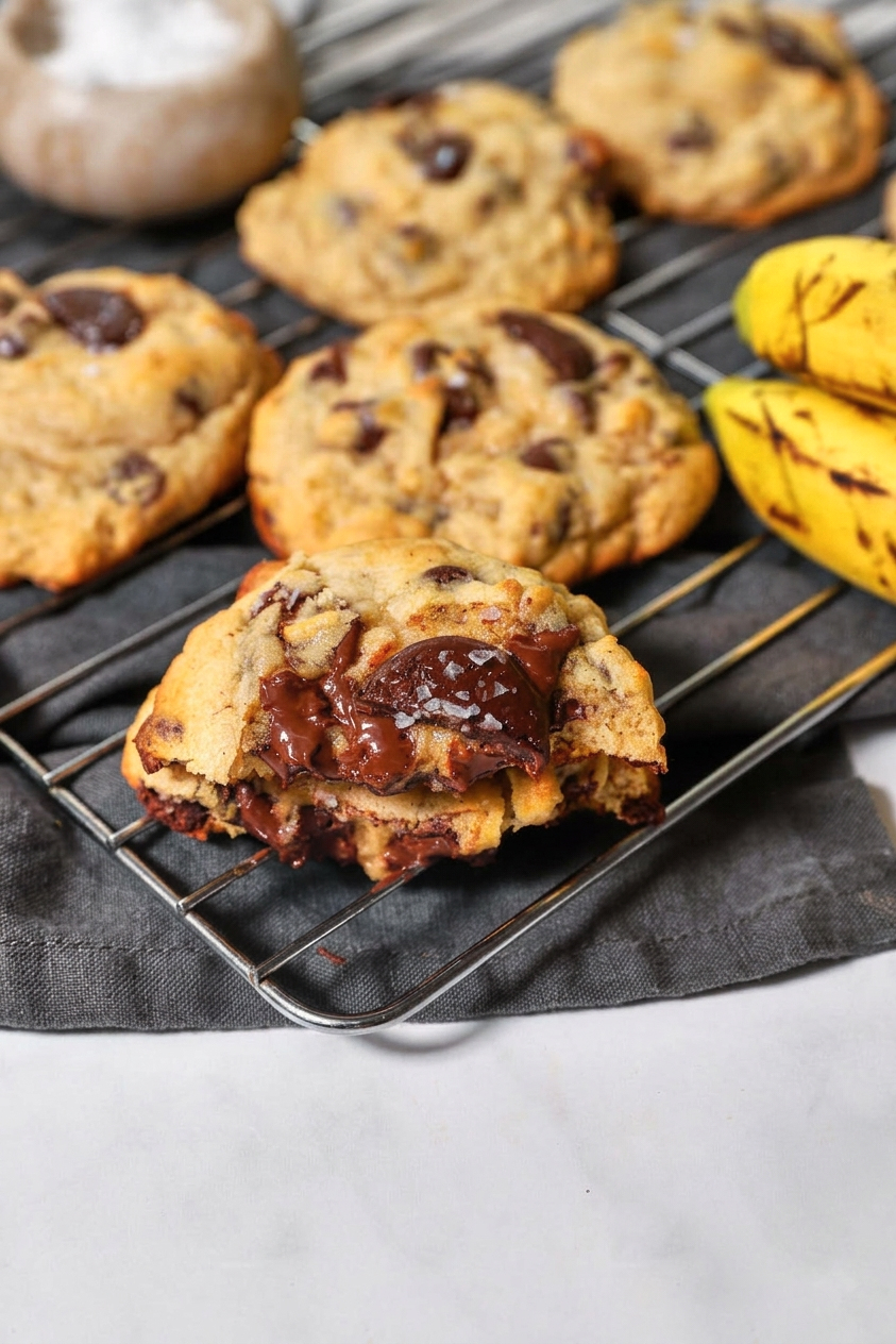 chocolate chip banana bread cookies on a wire cooling rack with bananas .