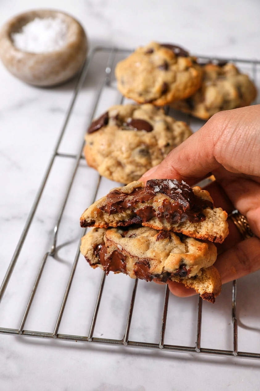 close up photo of a halved chocolate chip banana bread cookie being held over a wire cooling rack.