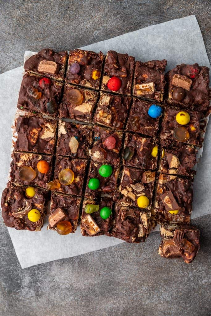 chocolate tiffin loaded with biscuits and candy