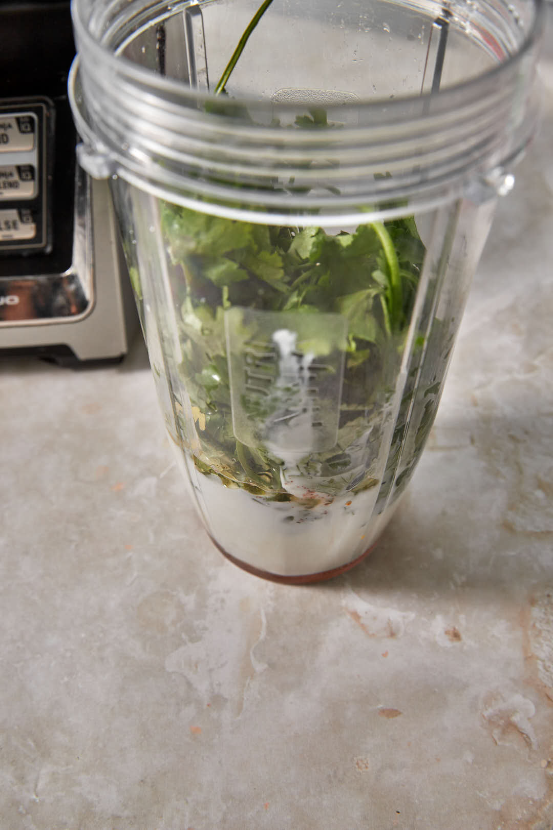 ingredients for cilantro buttermilk salad dressing in a blender bullet.