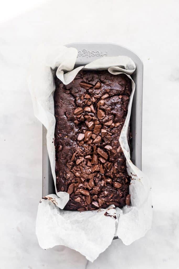 death by chocolate zucchini cake baked in a loaf pan