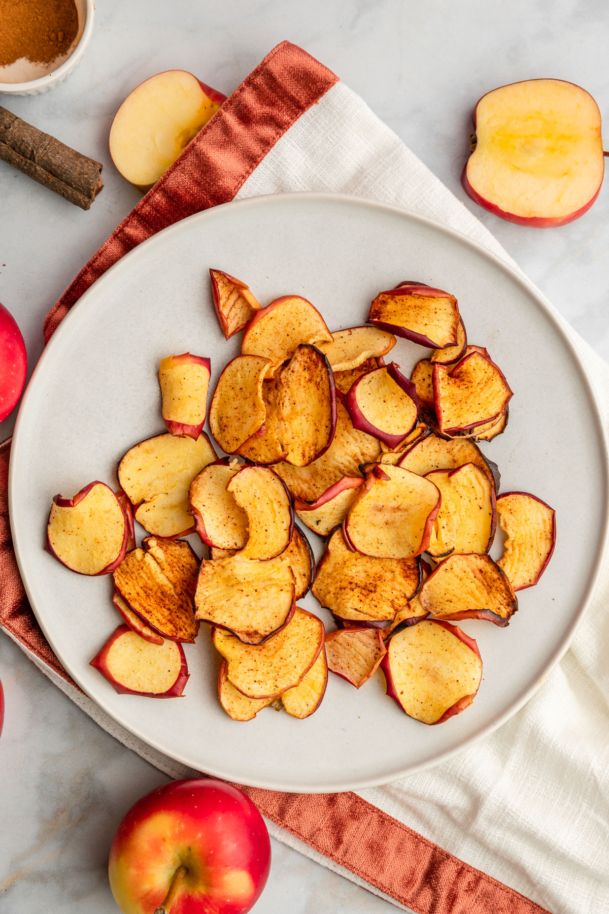 air fryer apples chips on a white plate.