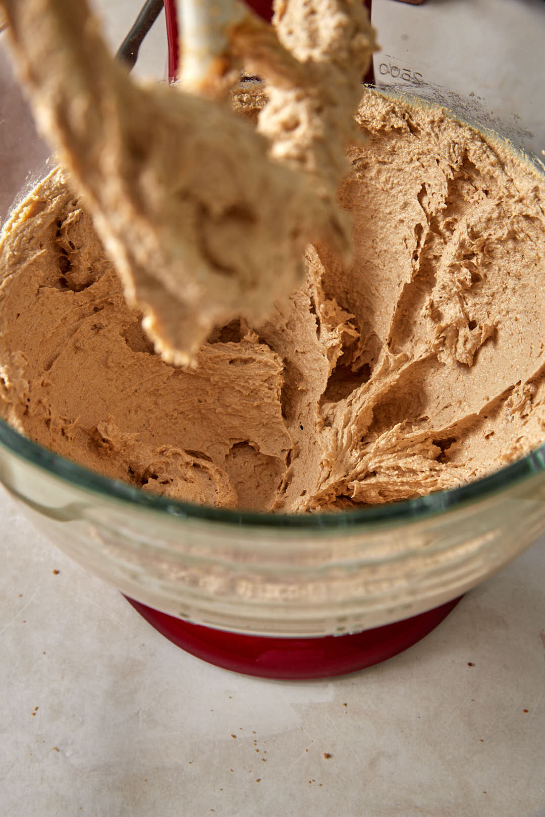 butter and sugars combined in a stand mixer until fluffy.