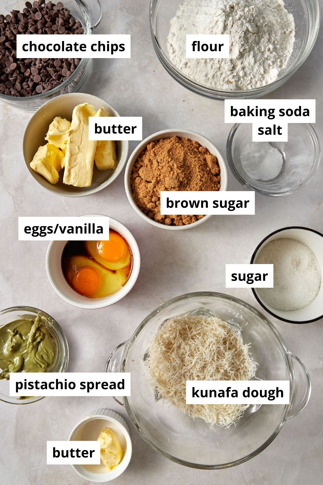 ingredients needed to make dubai chocolate cookies on a white background.