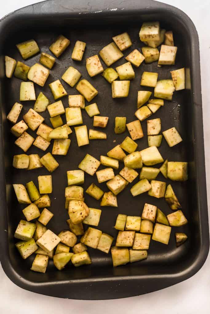 eggplant cubes before roasting