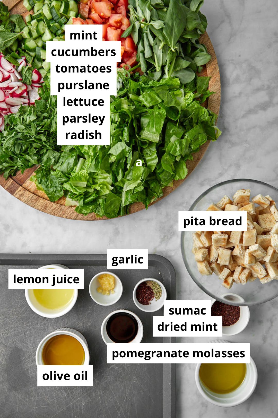 ingredients needed for fattouche salad on white background.