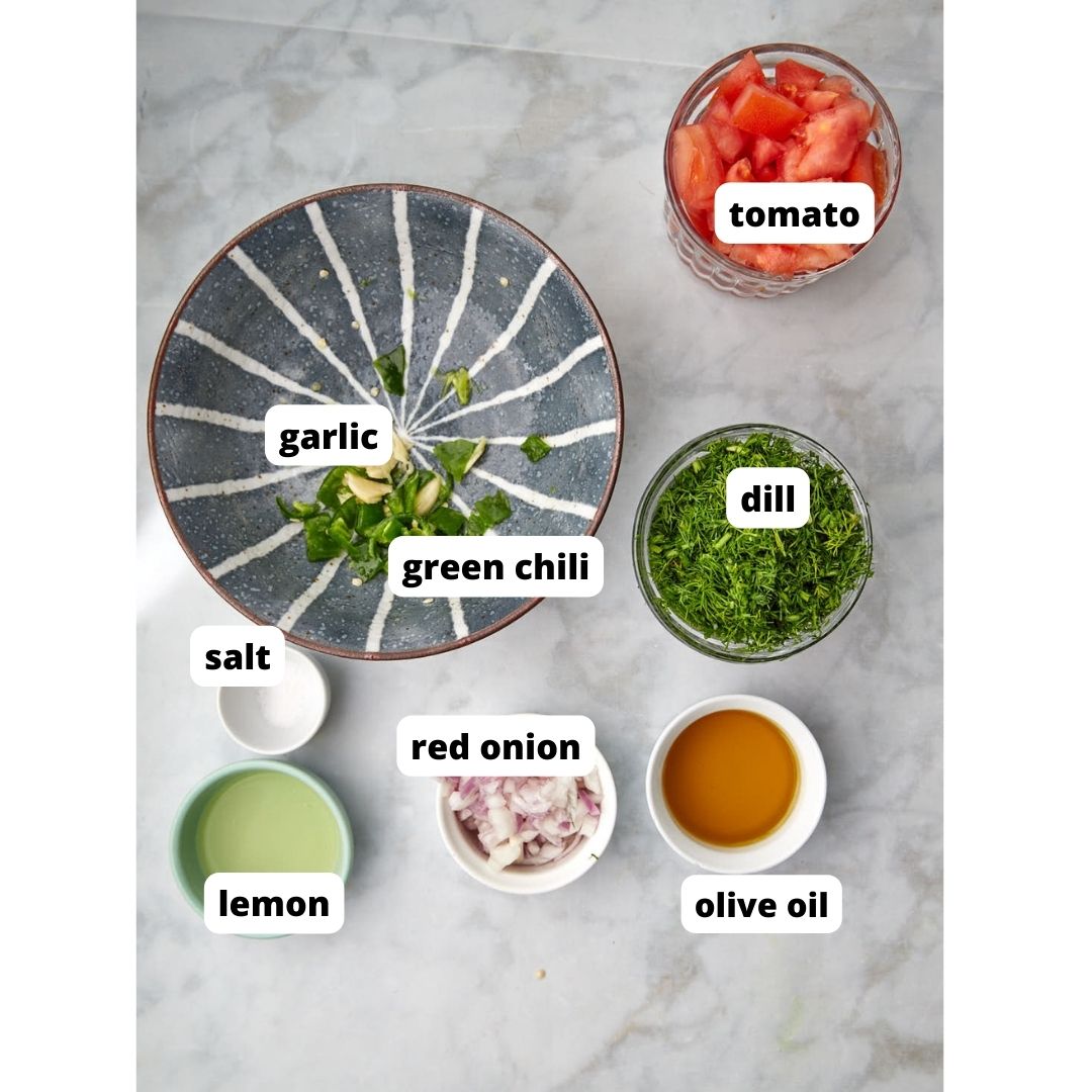 ingredients needed to make Gaza salsa on white background