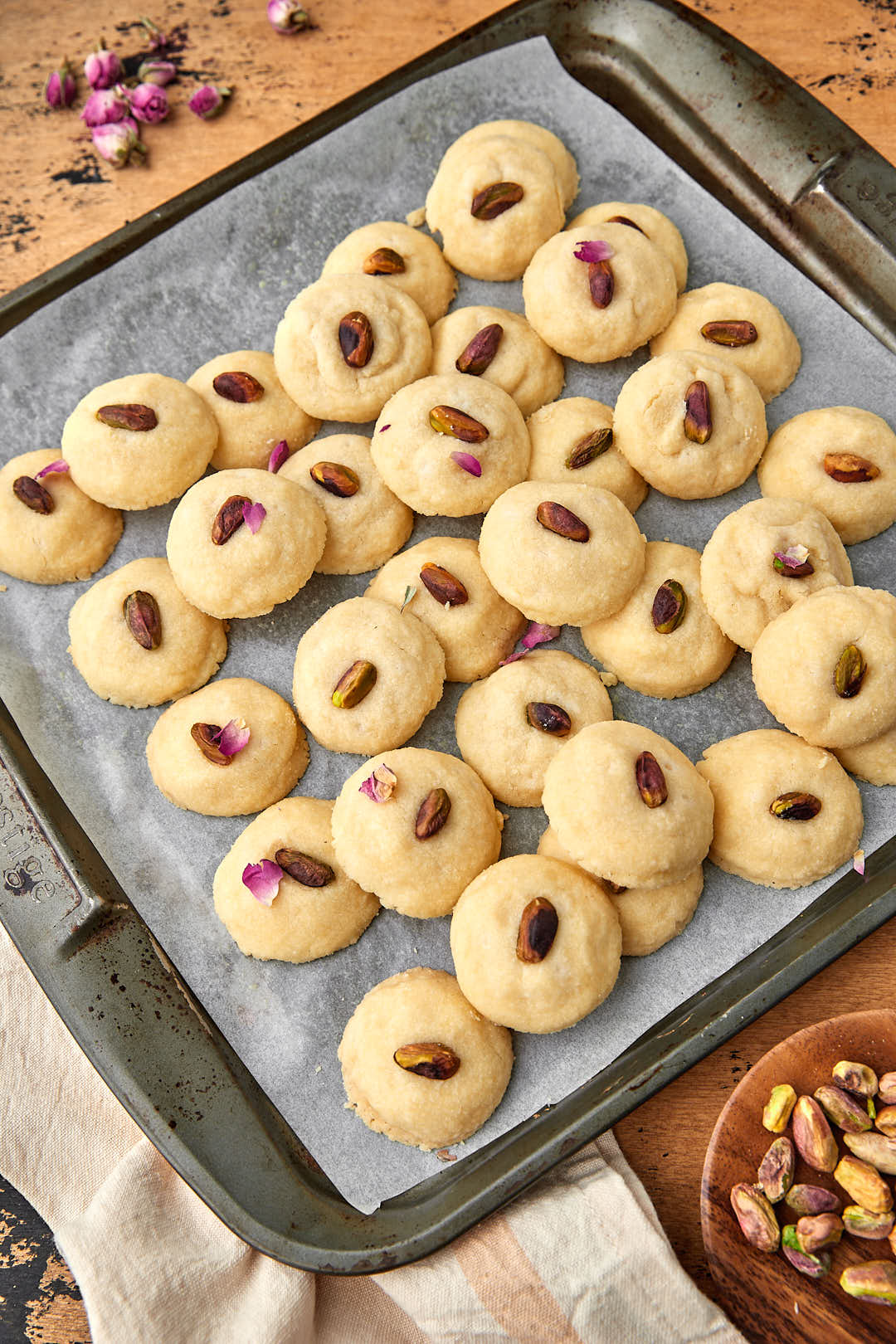 baking tray piled with middle eastern shortbread cookies