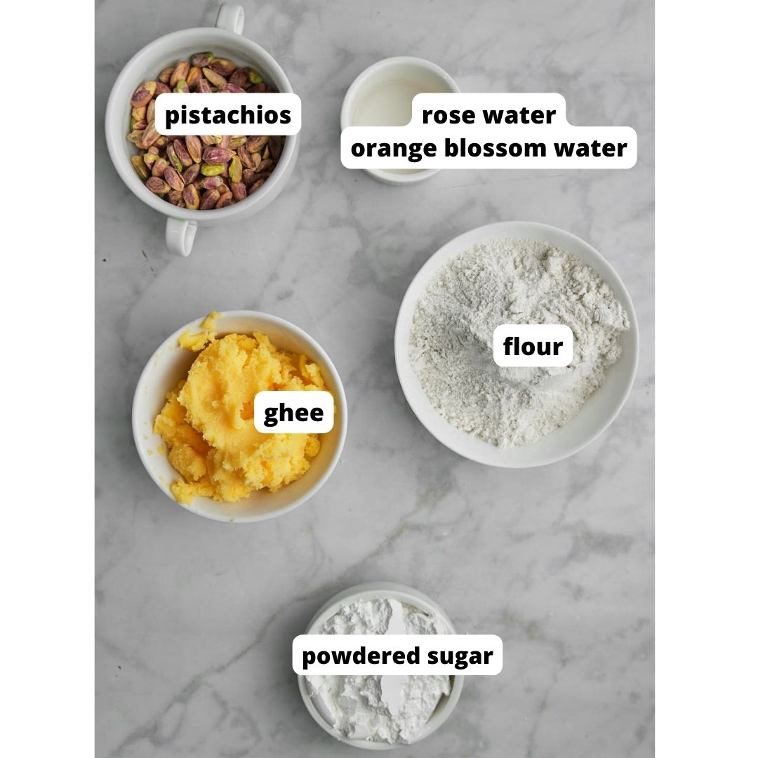 ingredients needed to make for ghraybeh on white background