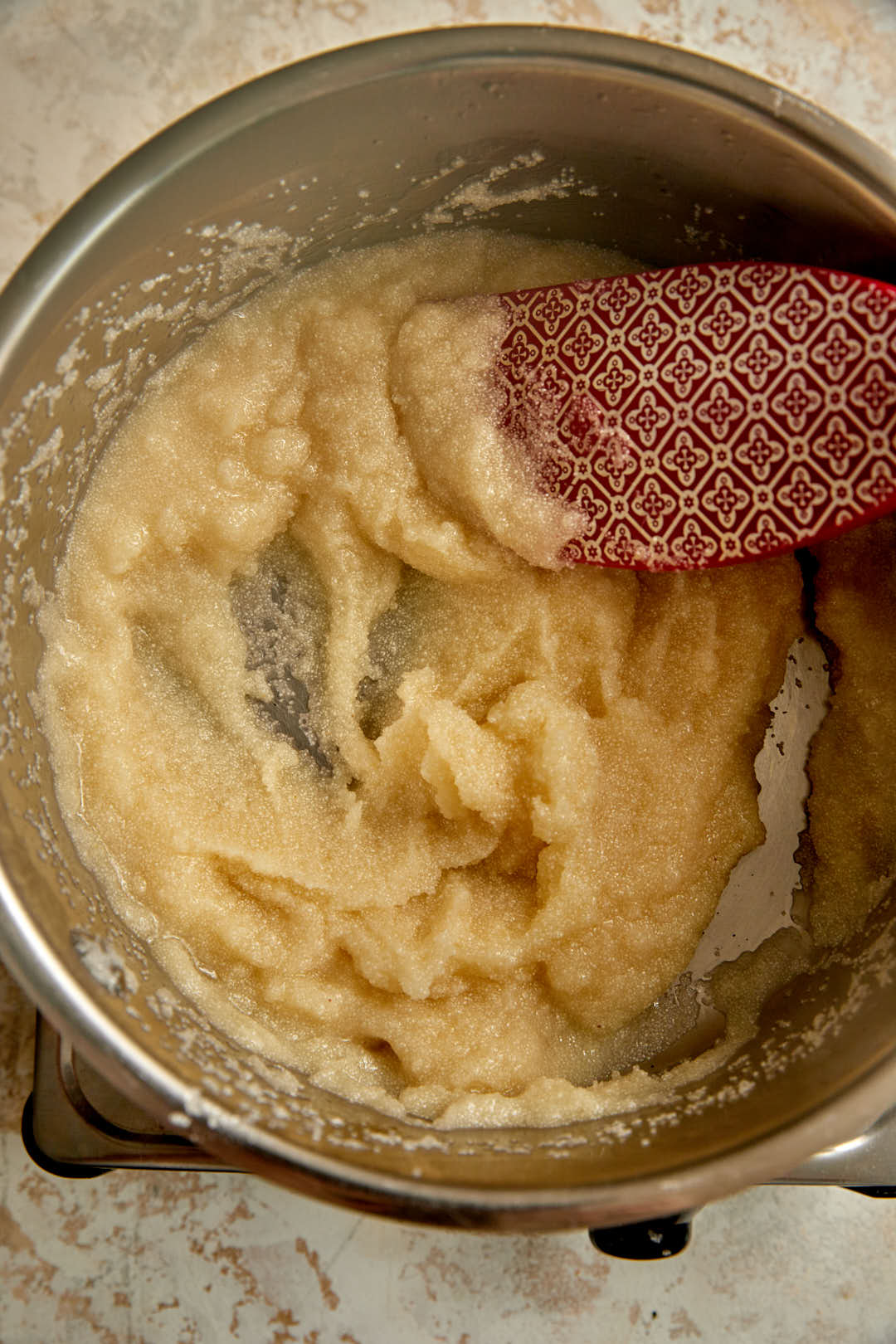 semolina, rose water and orange blossom water mixed into a large saucepan.
