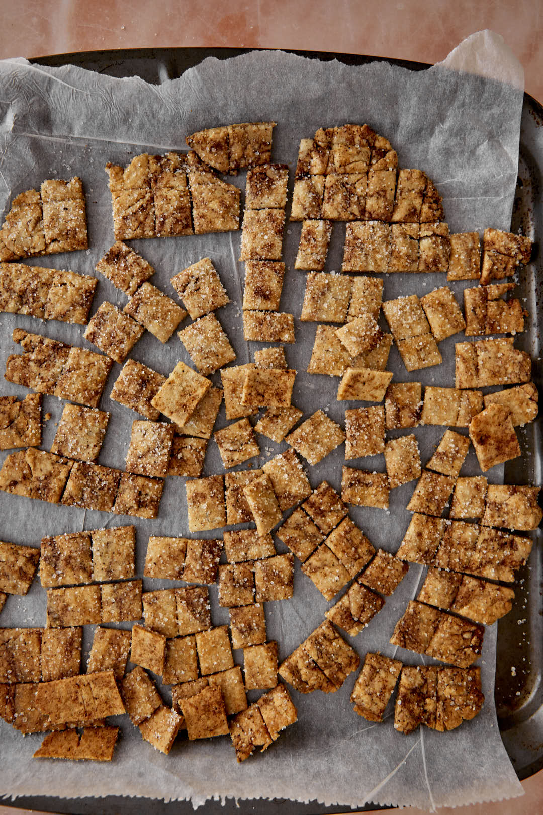baked cinnamon toast crunch dough on baking sheet.