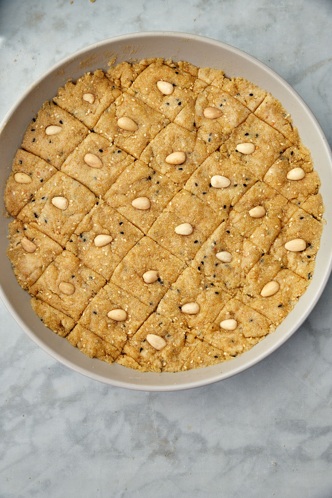 almond topped hilbeh dough.