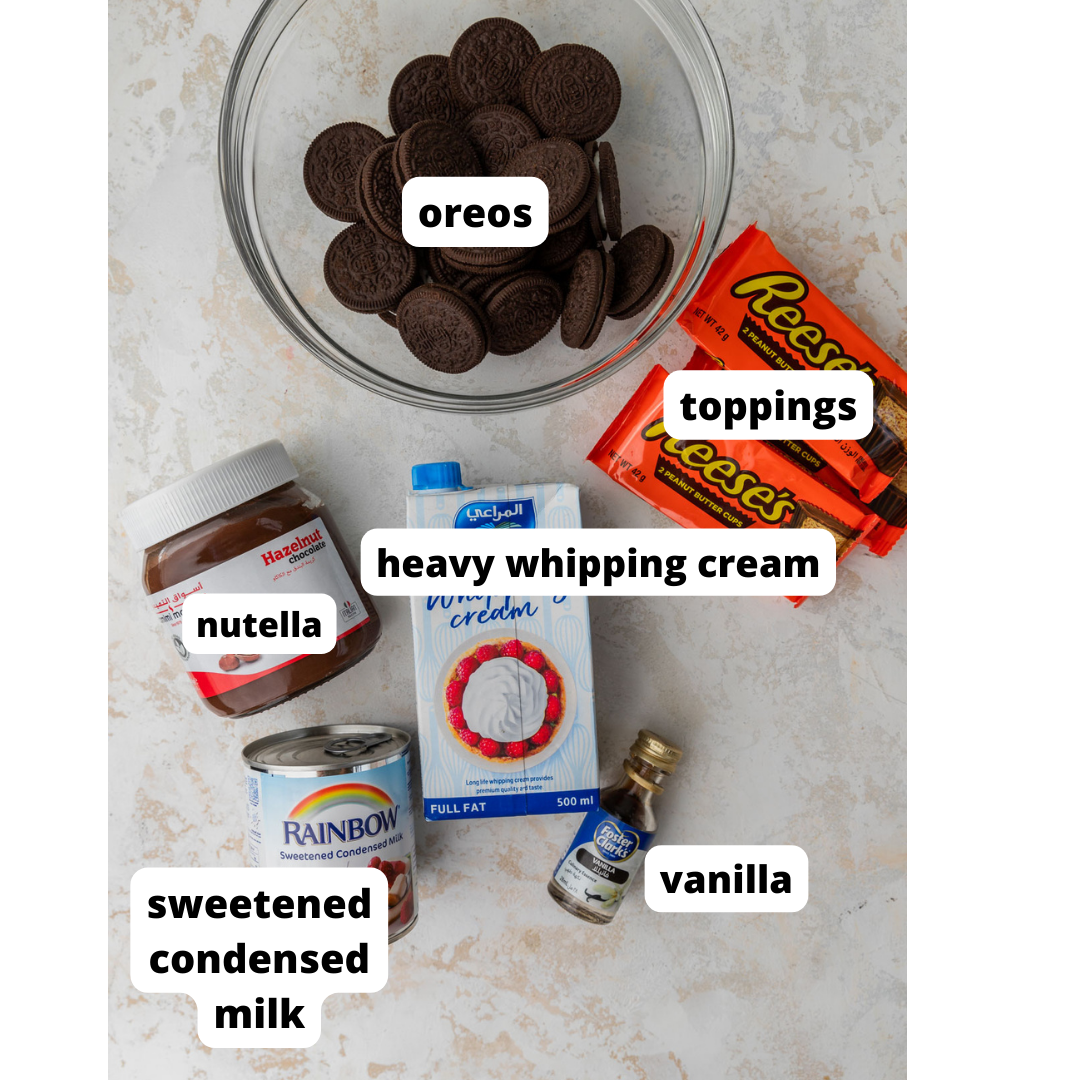 ingredients needed to make homemade Oreo ice cream on white background.