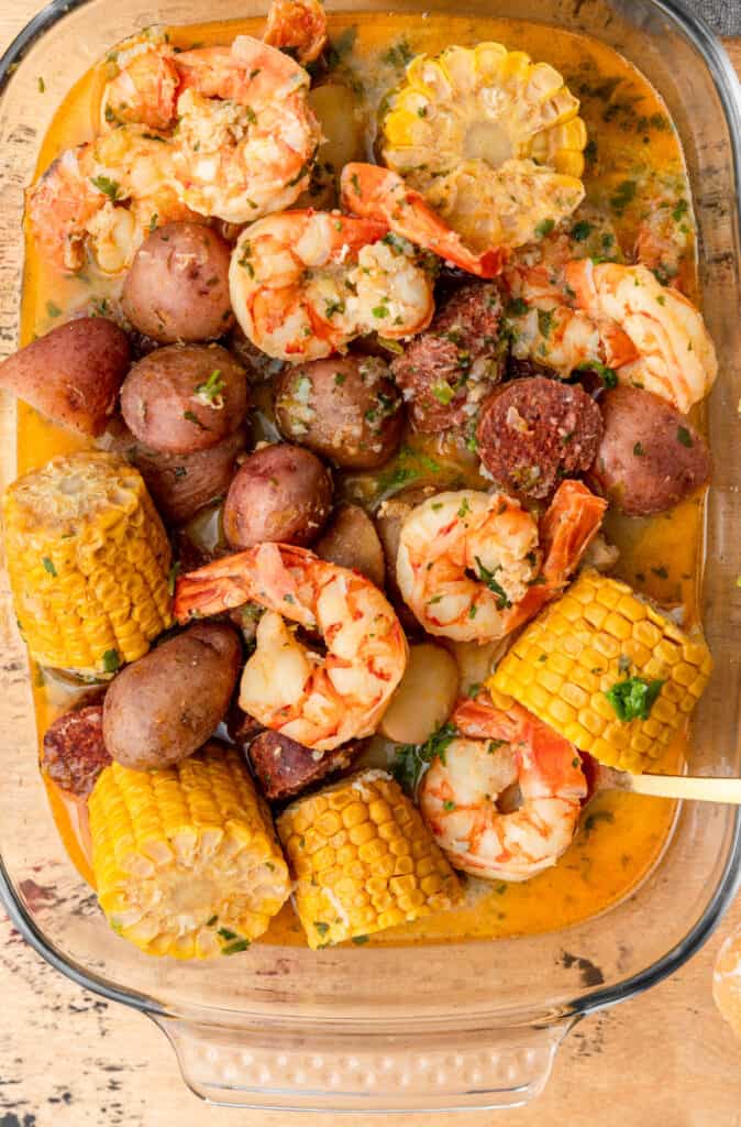 instant pot low country boil in a pyrex dish