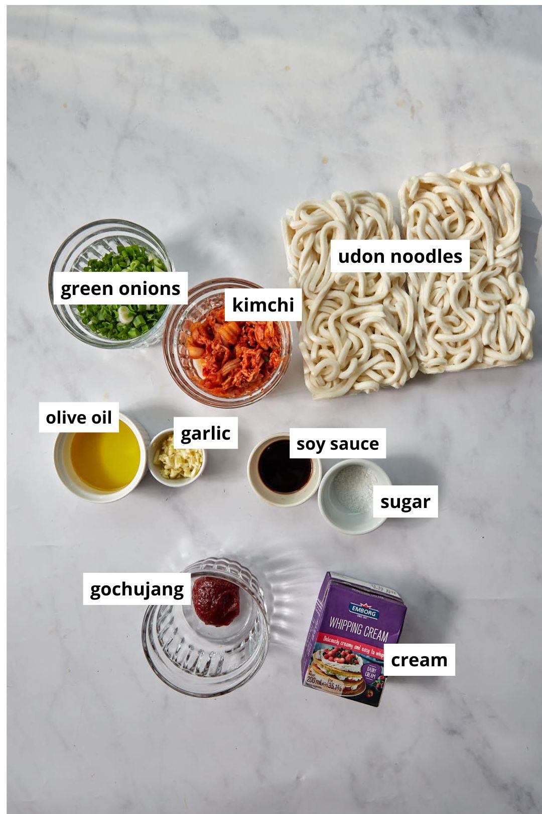 ingredients to make kimchi udon noodles on a white background.