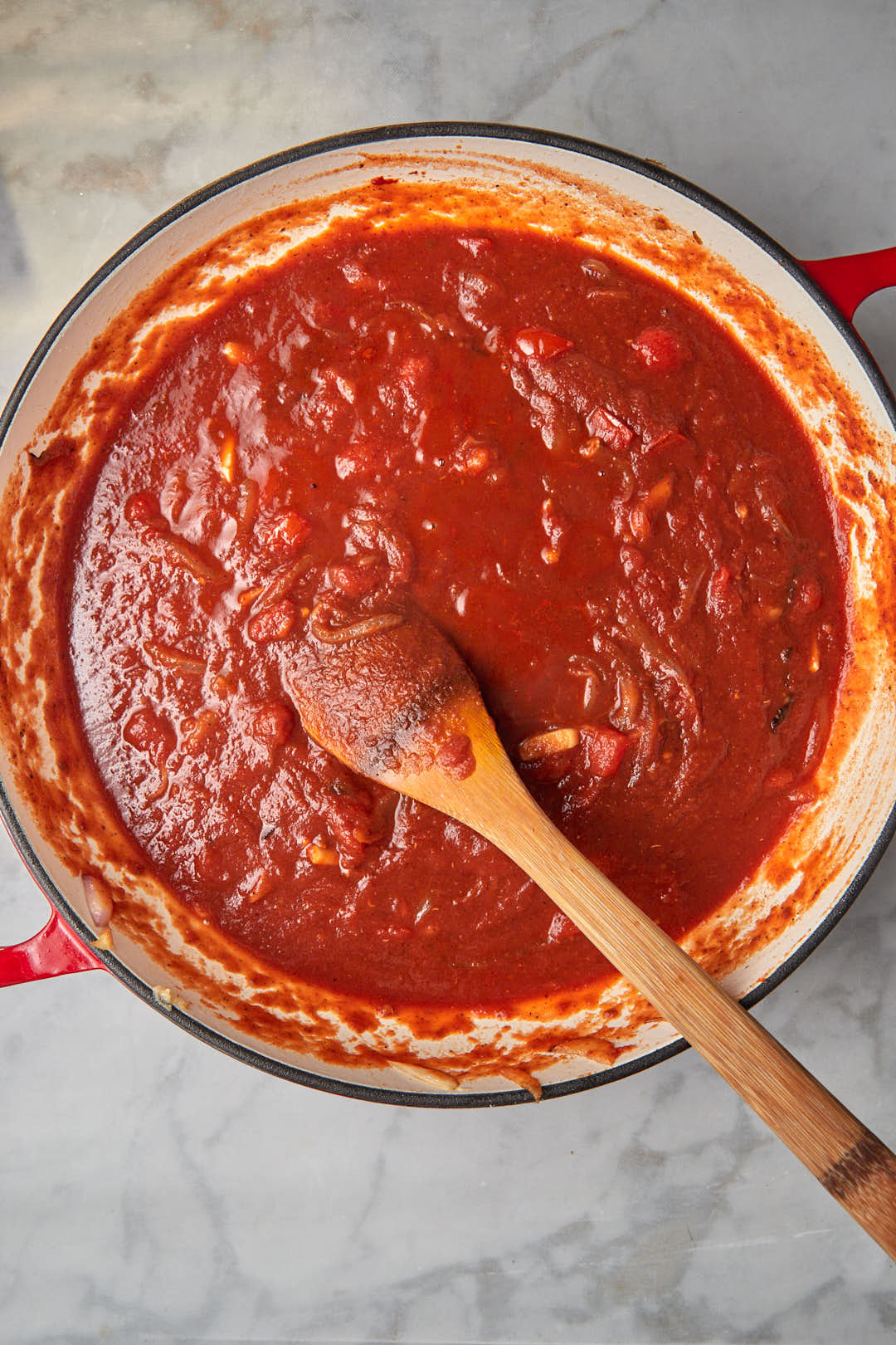 tomato sauce in a skillet.