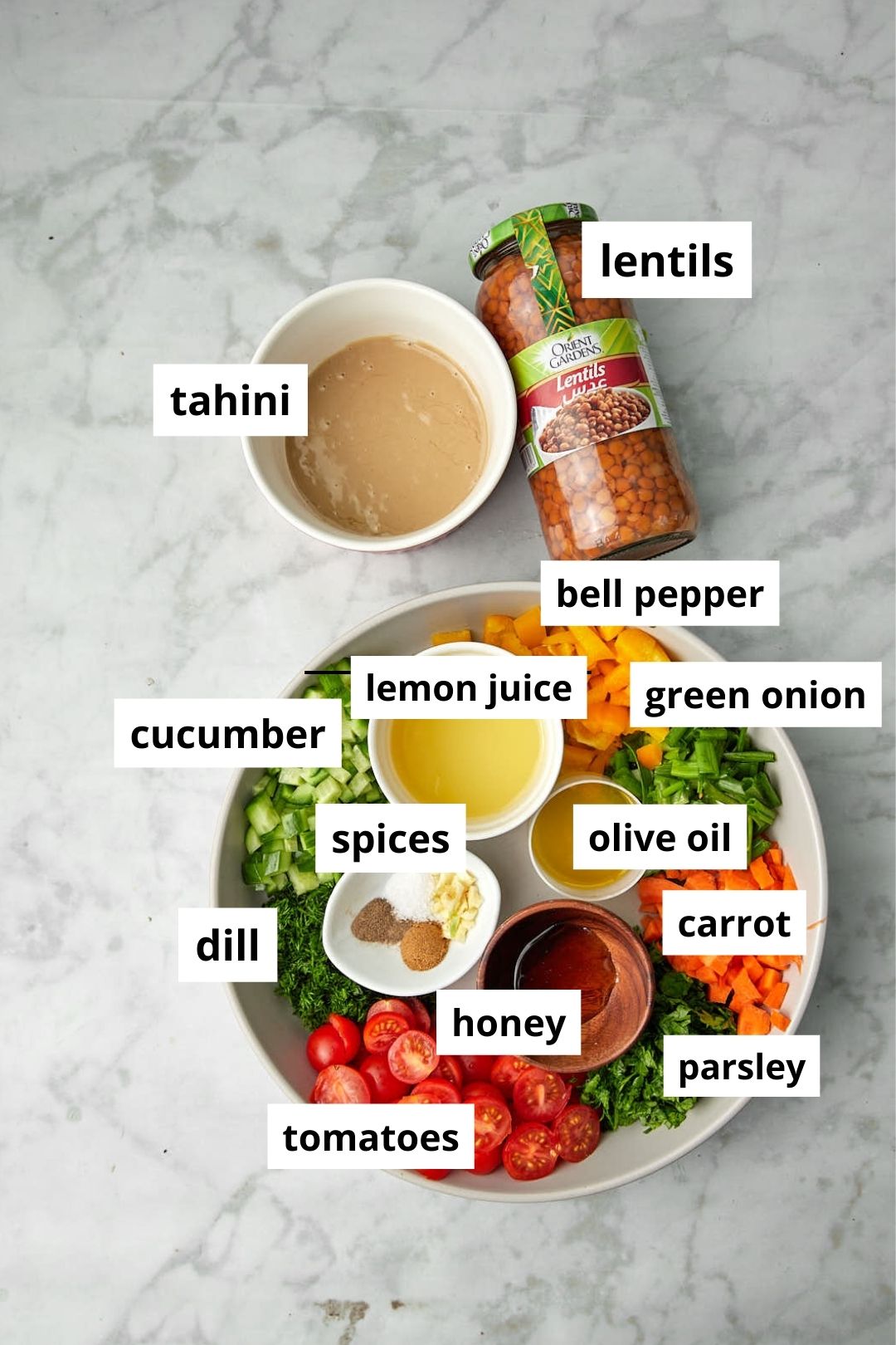 Ingredients you need to make lentil salad on a white background.