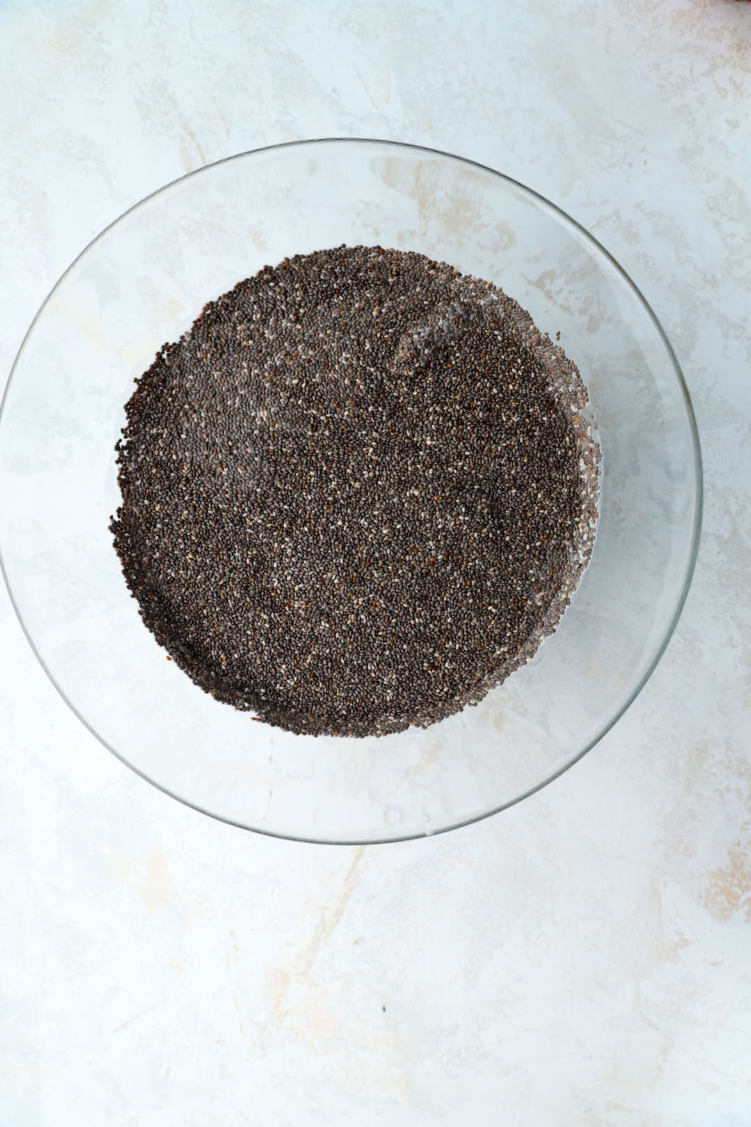 chia seeds in a clear glass bowl.