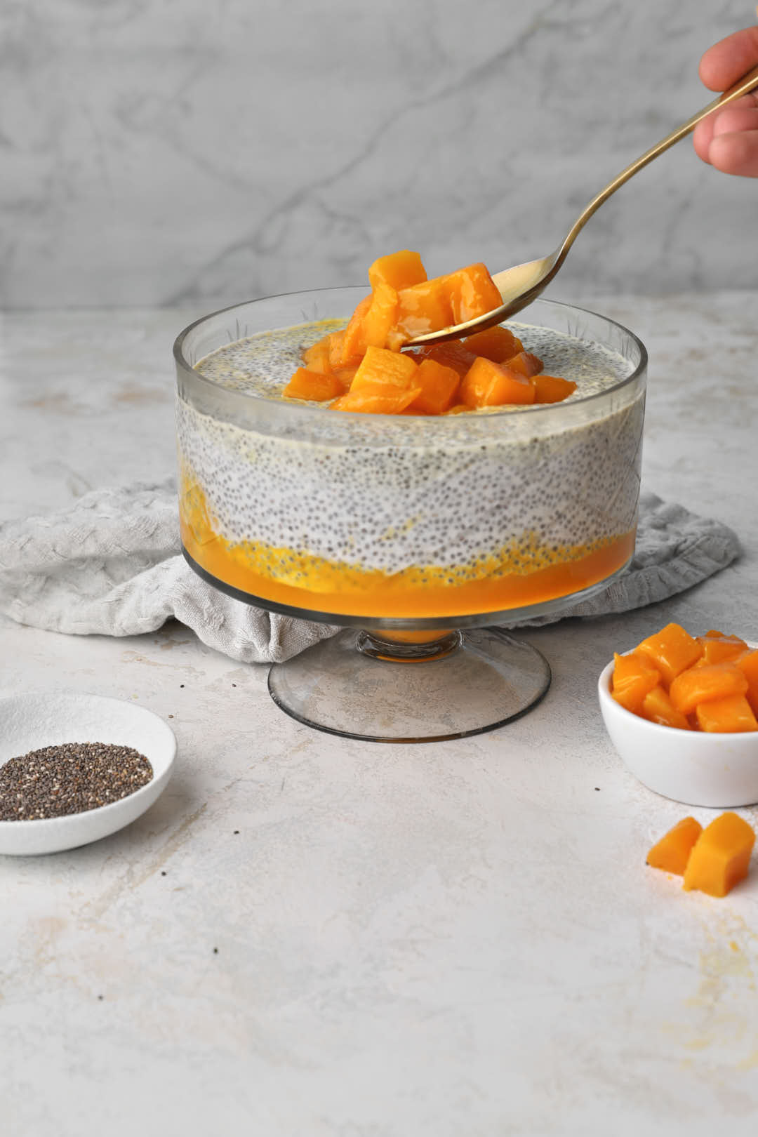 spoonful of juicy mangos being placed on chia pudding.