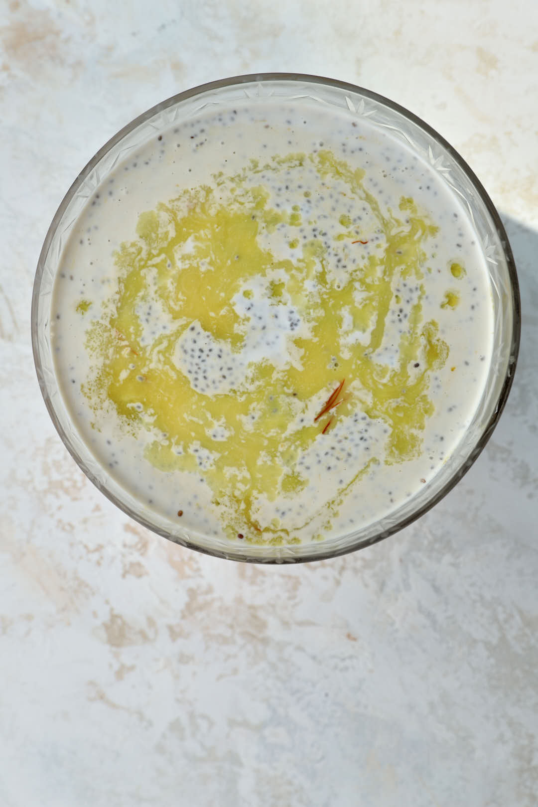 saffron water drizzled on to chia pudding.