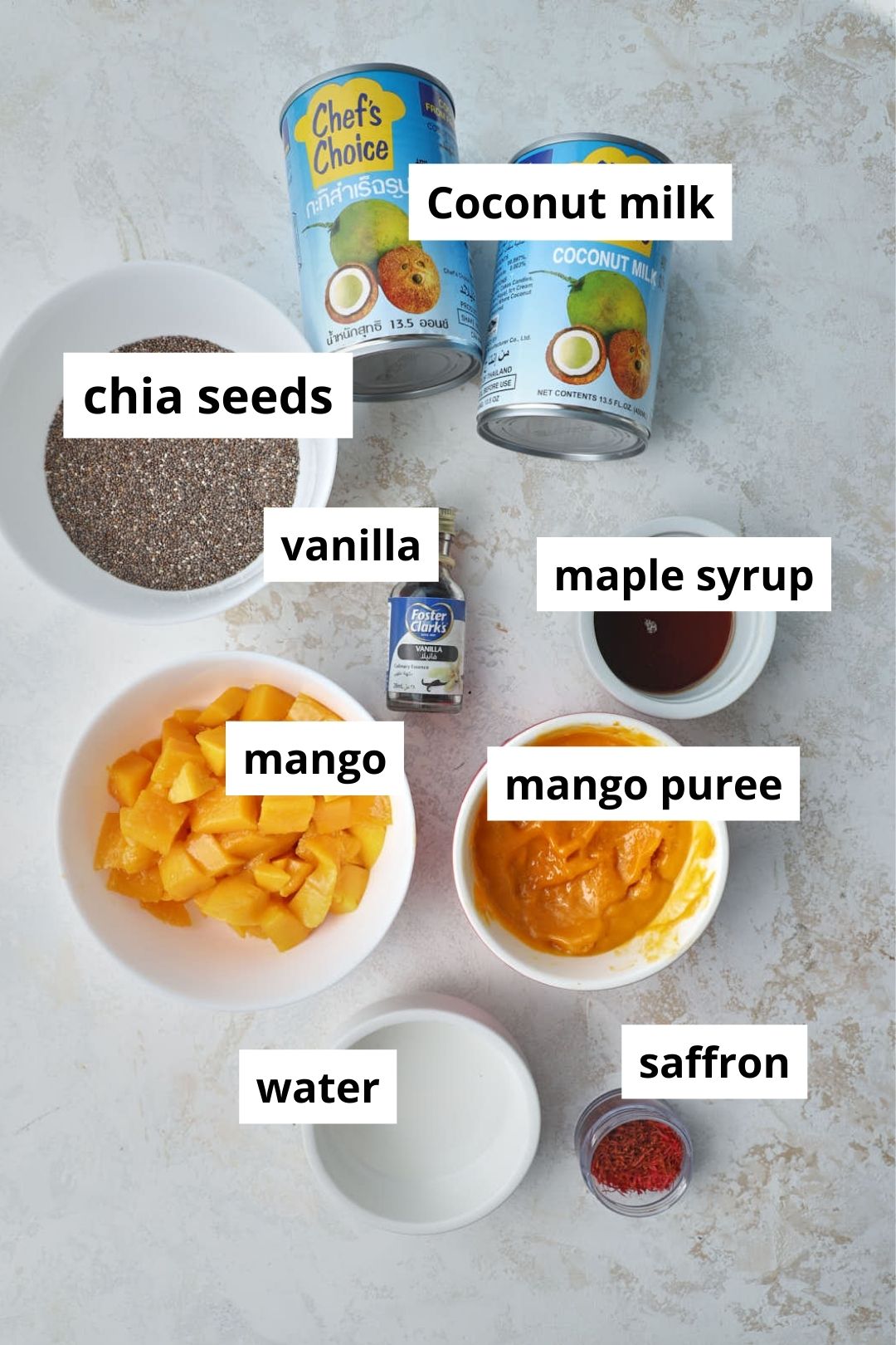 ingredients needed to make mango coconut chia pudding on a white background.