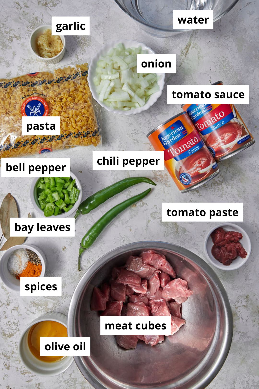 ingredients needed to make libyan mbakbaka on a white background.