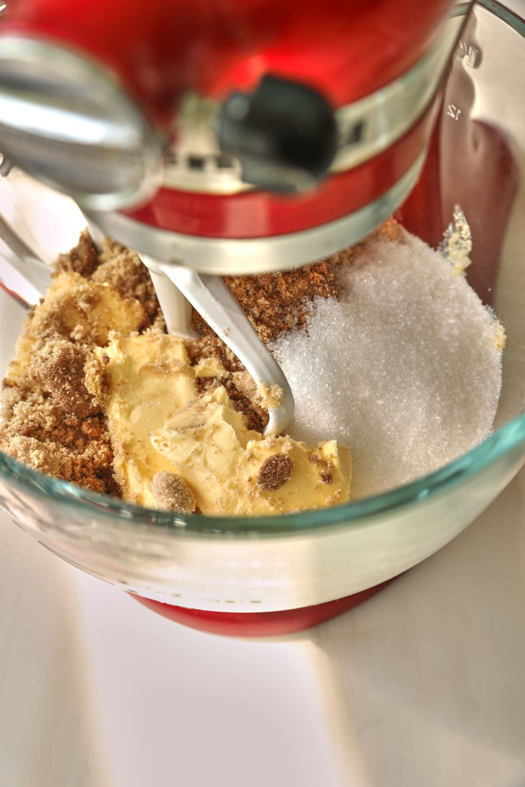 softened butter, brown and white sugar in the bowl of a stand mixer.