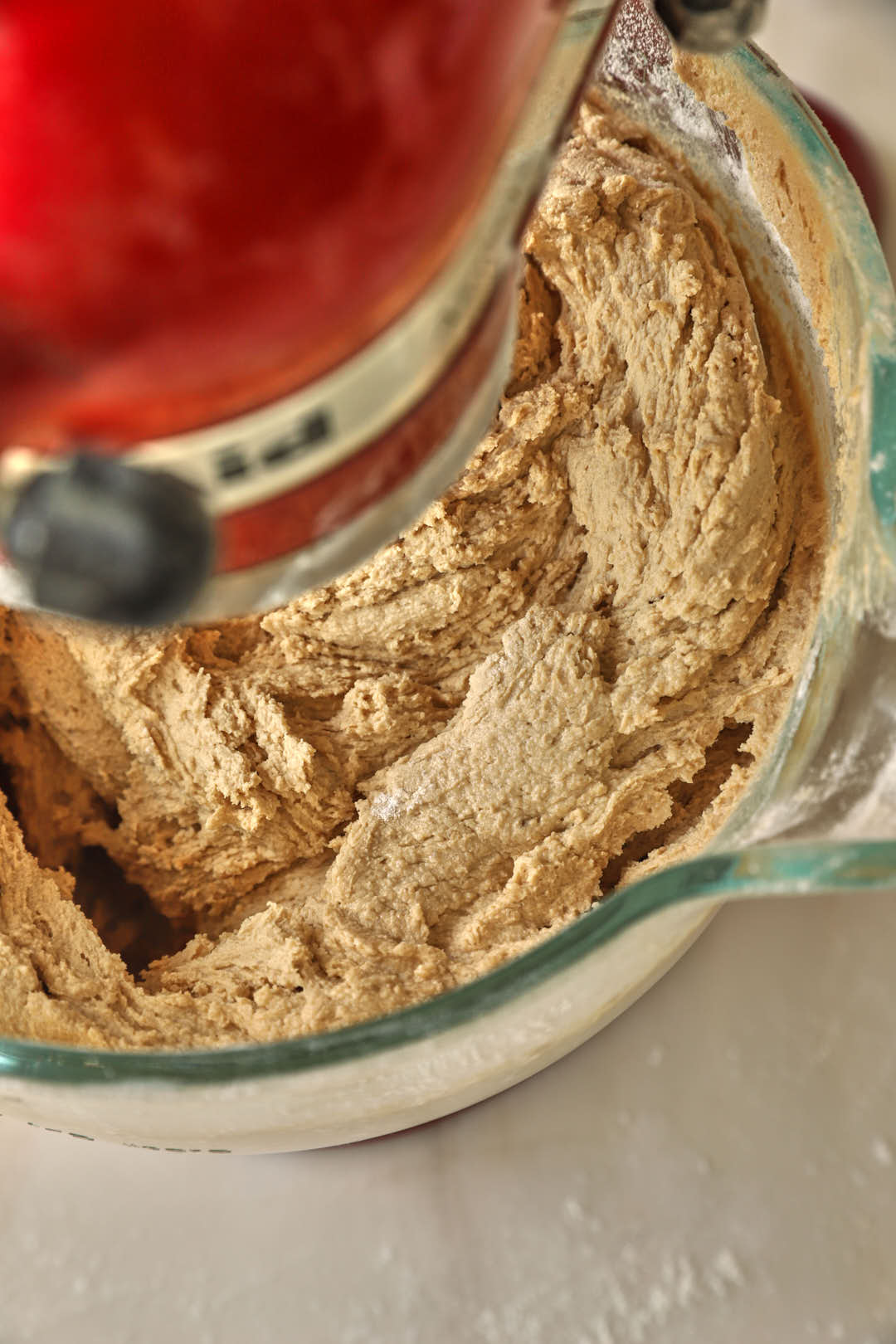 chocolate chip cookie dough in stand mixer before adding chocolate chips.