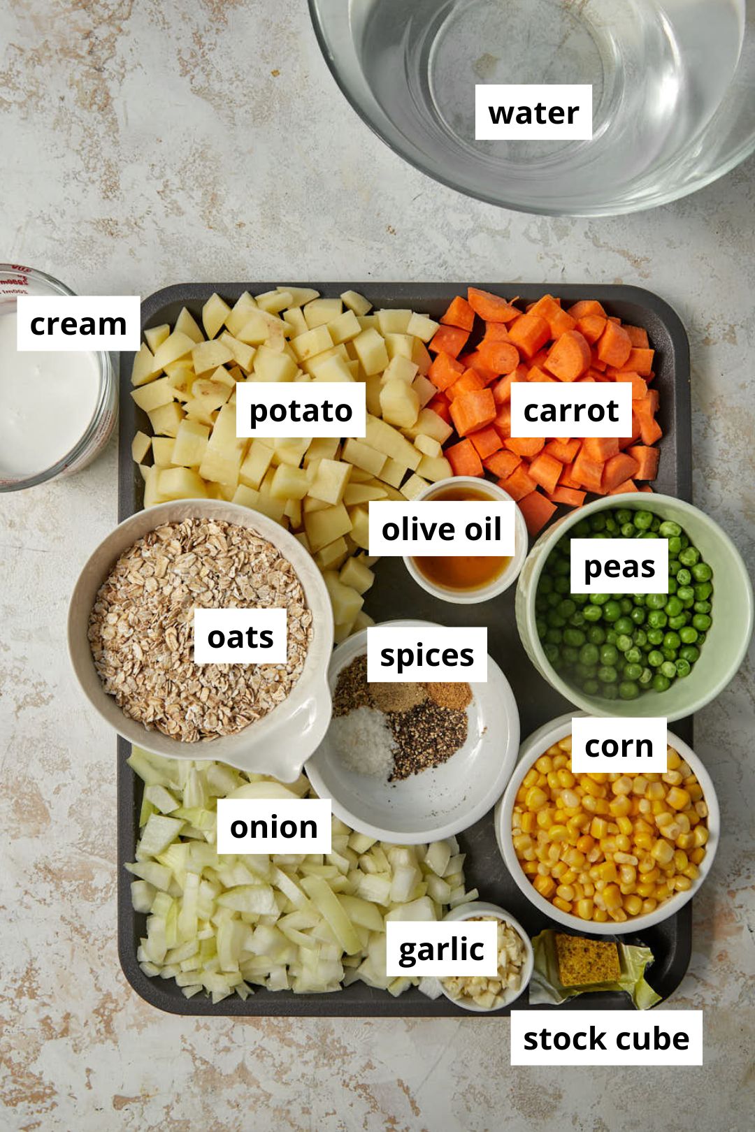 ingredients needed to make oatmeal soup on a white background