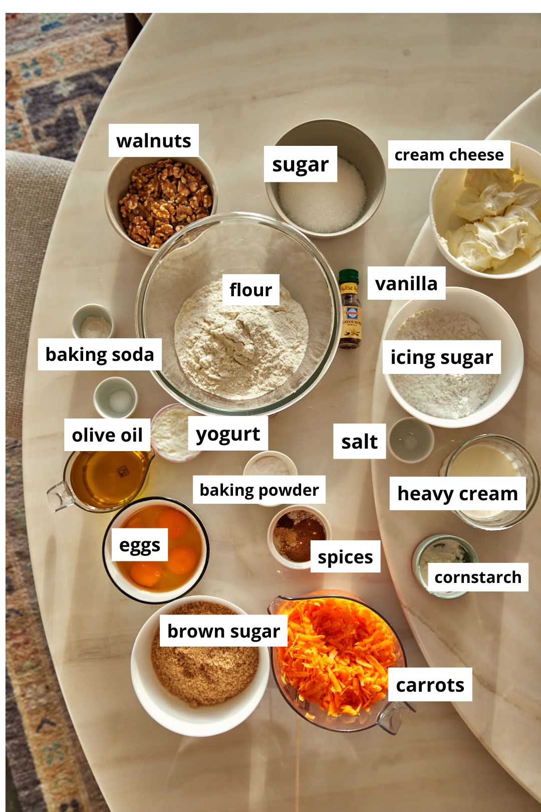 ingredients needed to make olive oil carrot cake.