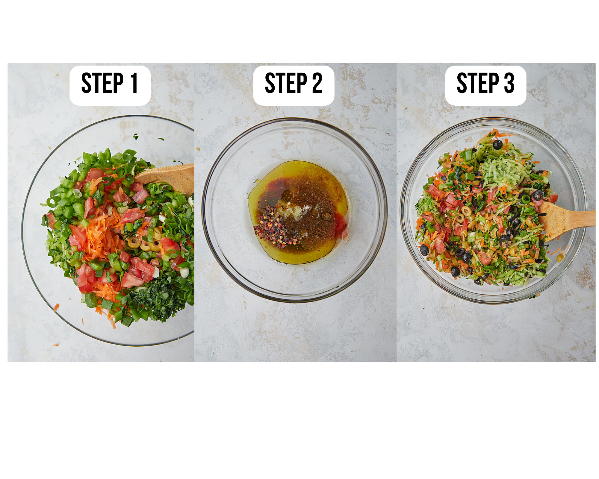 Step by step photos of mixing the salad and the dressing.